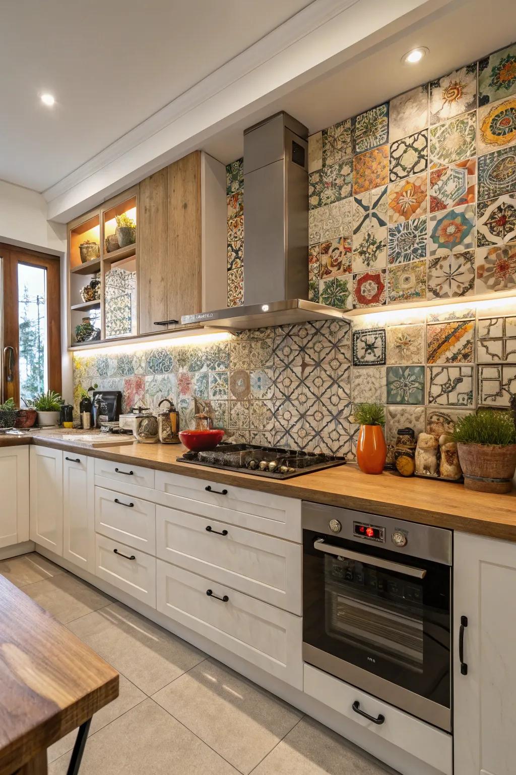 Blending earthenware tiling presents an inventive and diverse splash zone blueprint.