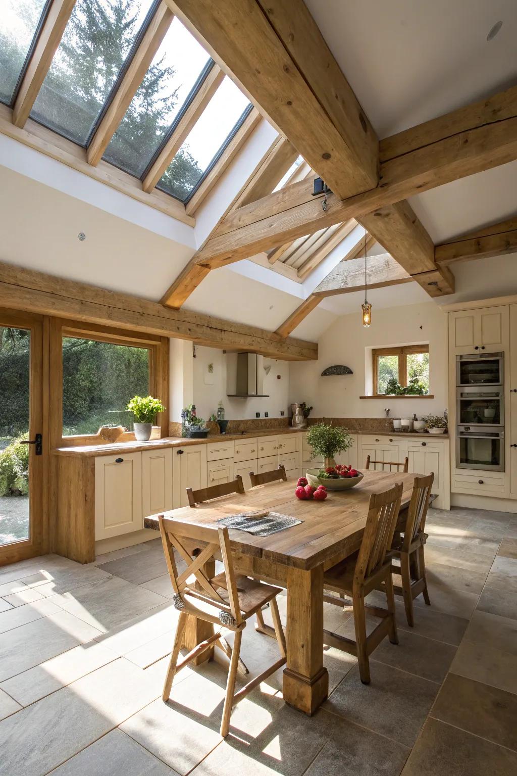 Skylights and beams draw in natural light and architectural beauty.