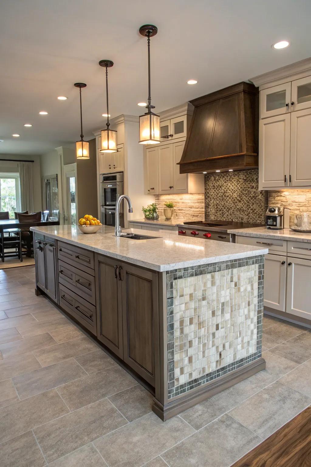 Unique island showcasing textured tiled surround for a tactile design element.