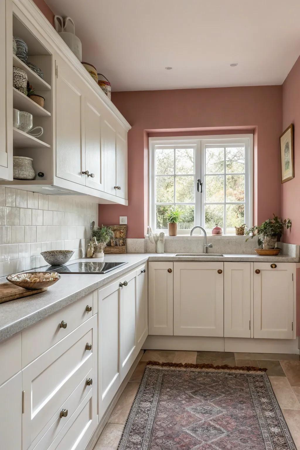 Faded rose walls add warmth and retro charm.