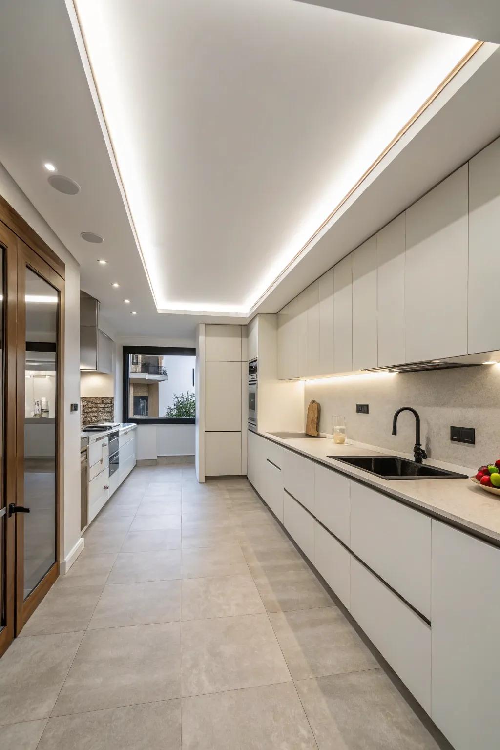A minimalistic soffit blending into the roof, creating a clean and modern kitchen look.