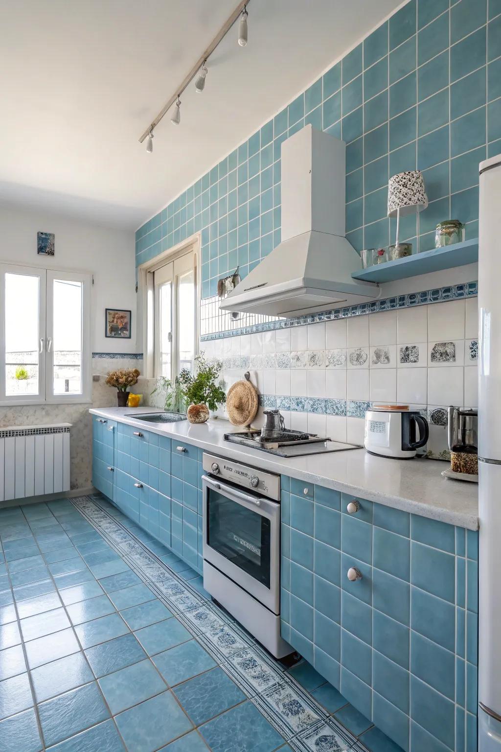 Cool blue tiles fashion a tranquil atmosphere in this kitchen.