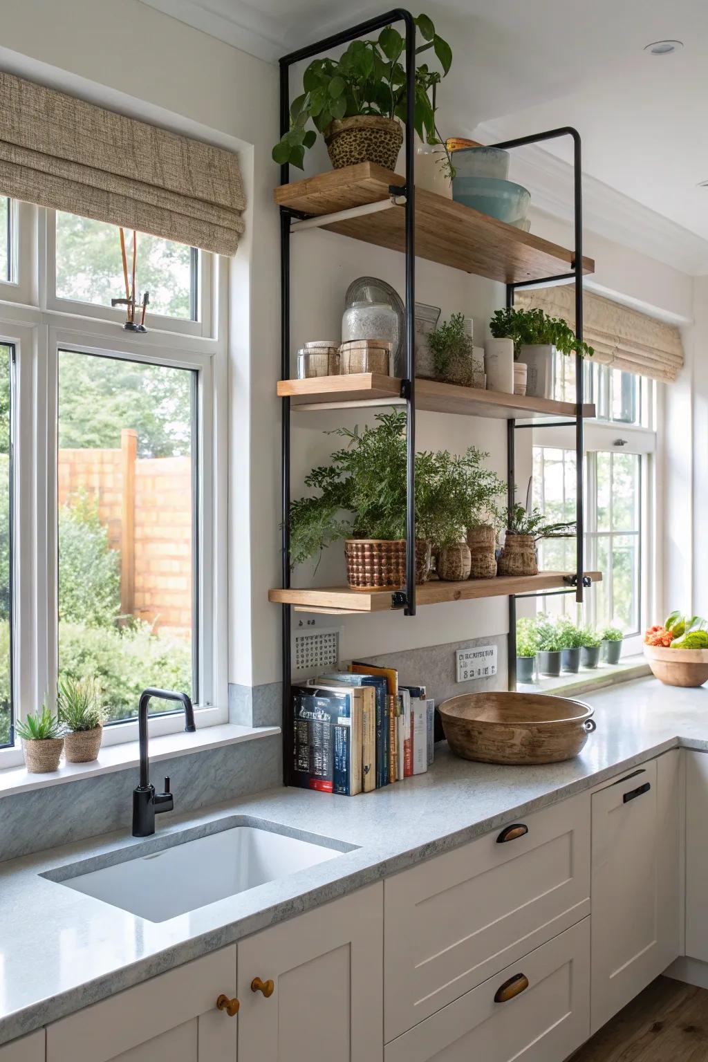 Movable shelves provide flexibility for changing decor requirements.