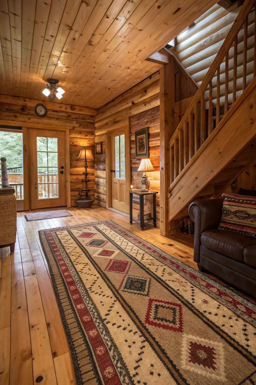 Layered floor rugs providing warmth and comfort in the cabin.