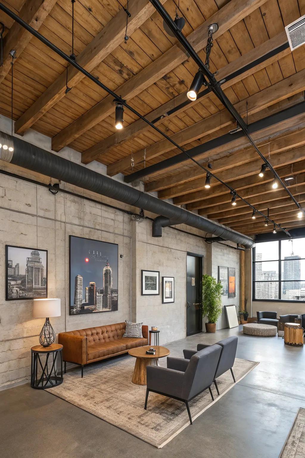 An industrial-style room where wood-clad ceilings meet metal elements.