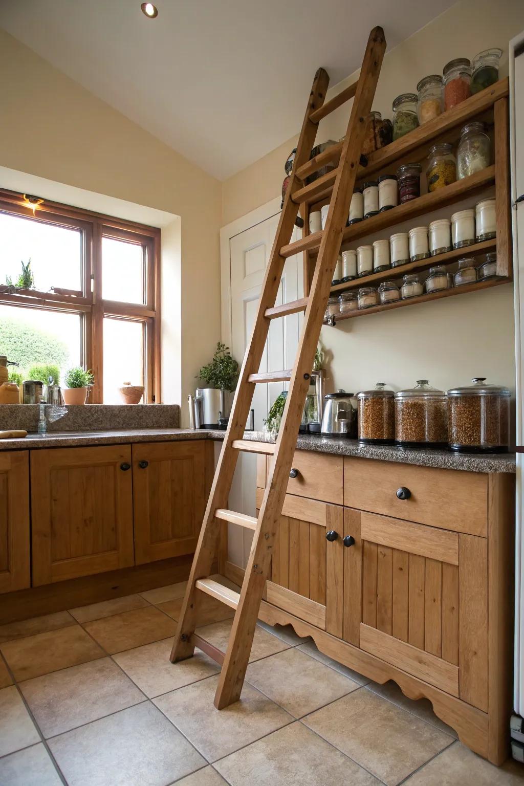 A ladder culinary space organizing solution maximizes area effectively.