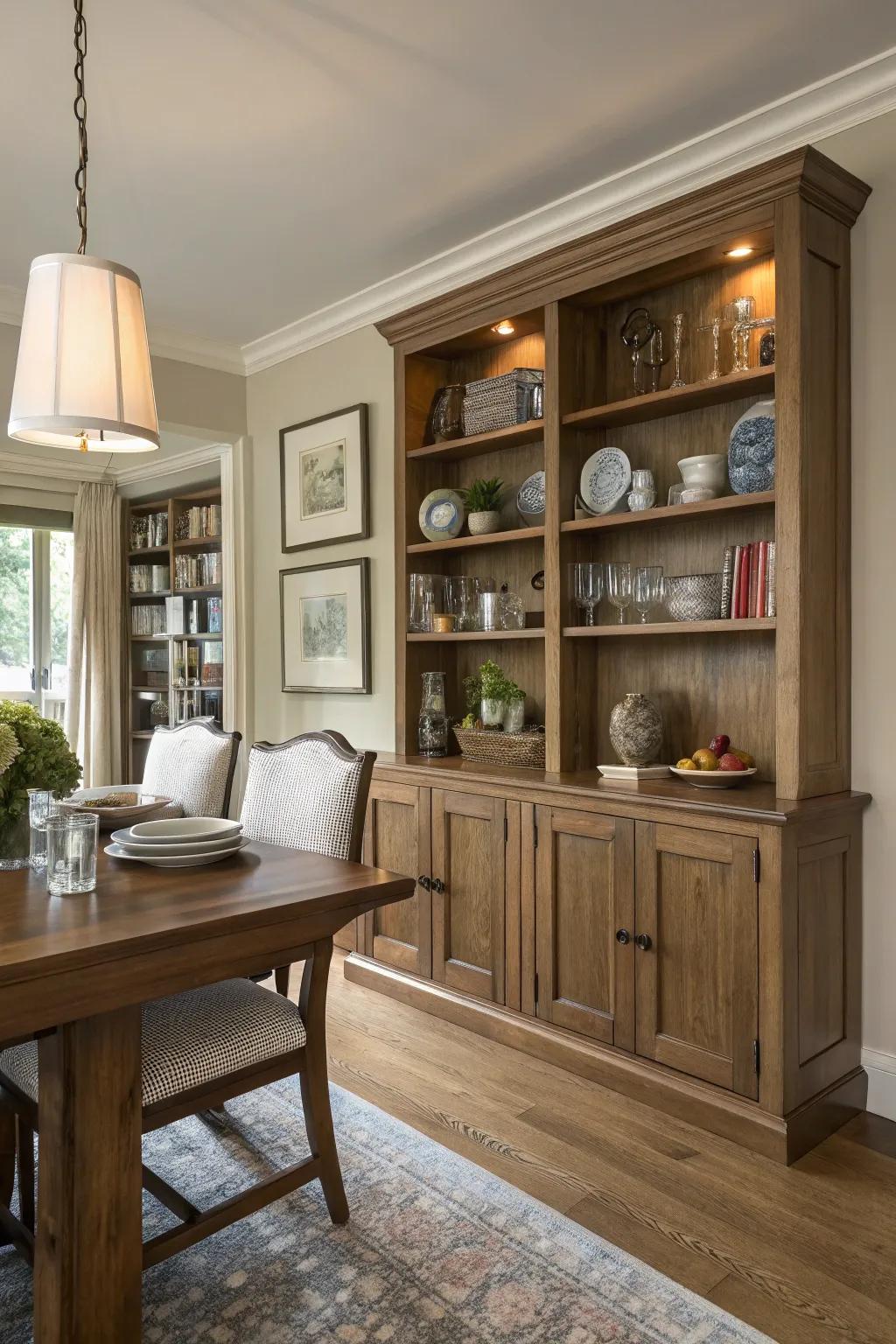 Integrated storage aids in upholding a tidy and refined dining zone.