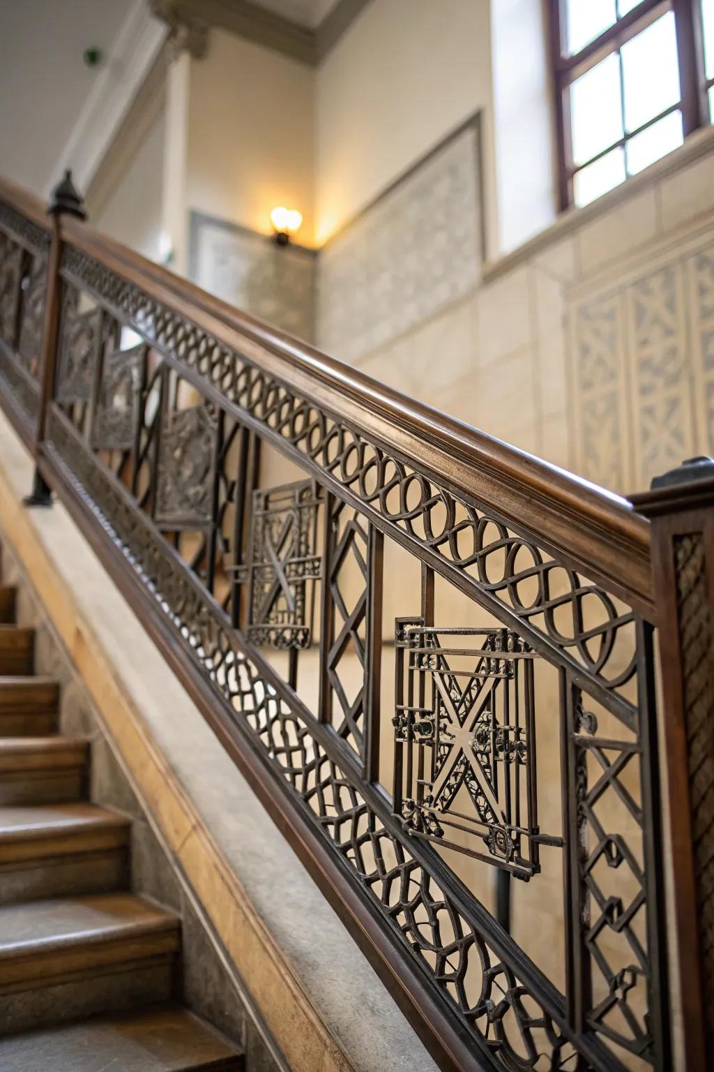 Geometric patterns turning the railing into art.