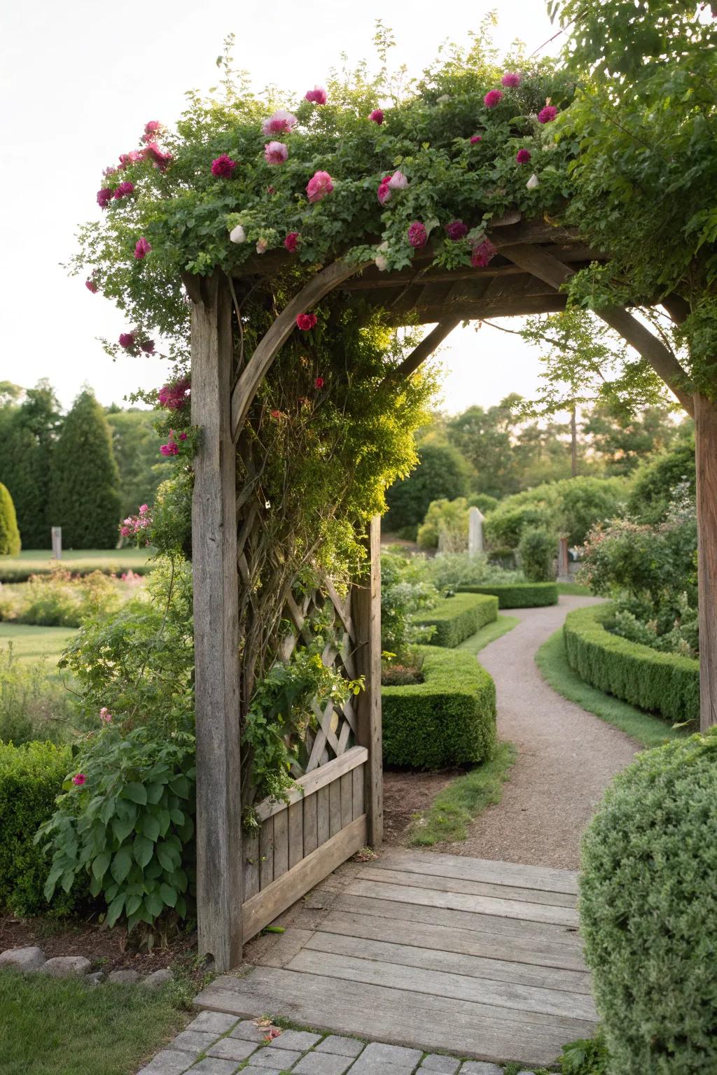 A timber gateway adds elegance and beautifully frames garden paths.