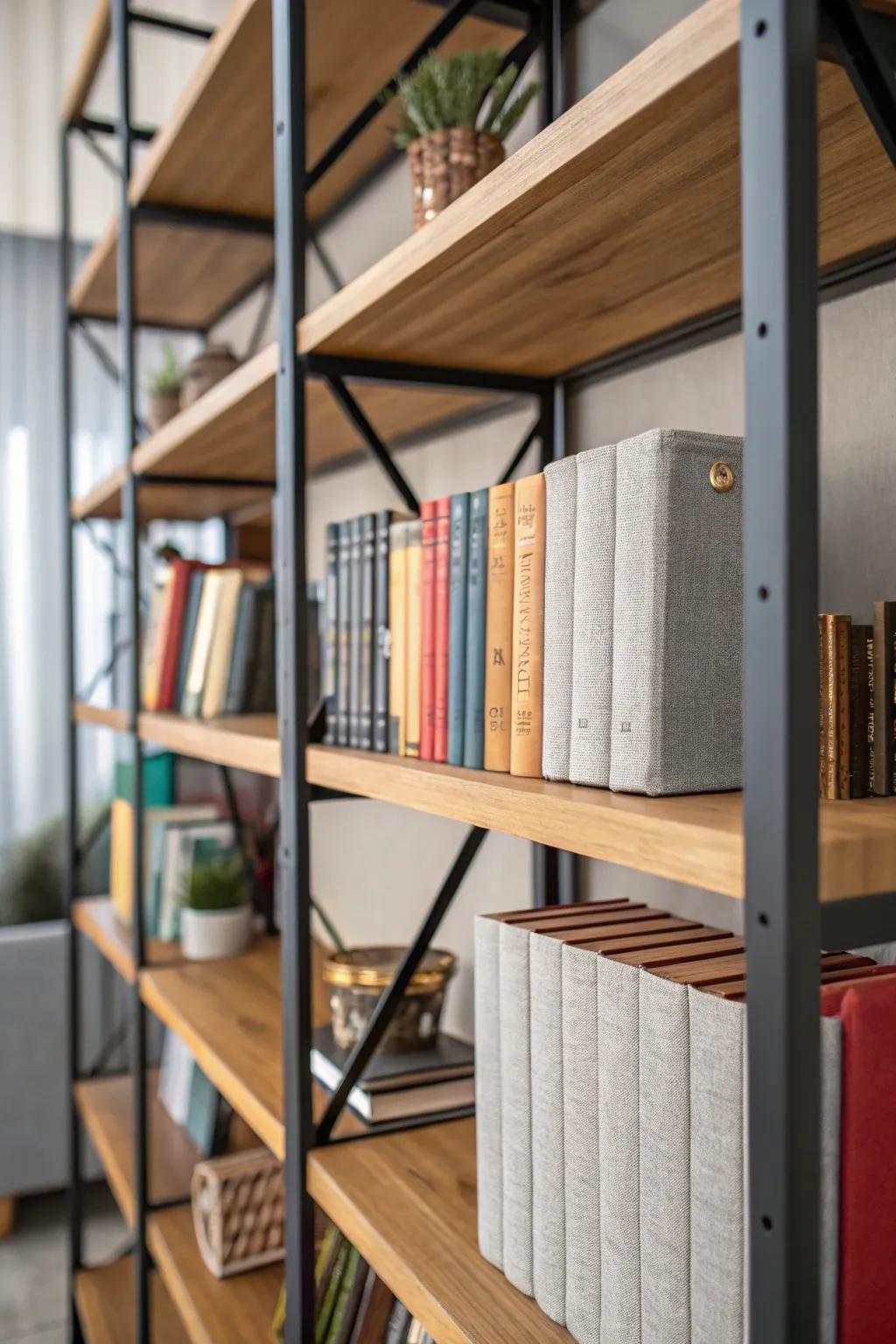 A blend of textures enhances the opulence and intrigue of this bookshelf display.