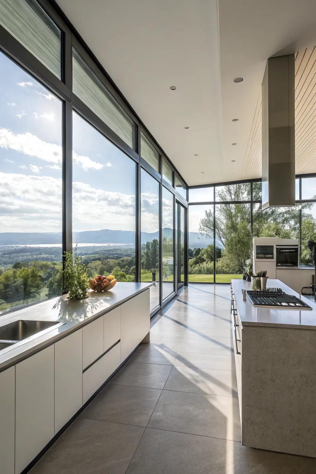 A kitchen designed with floor-to-ceiling windows for ample natural light.