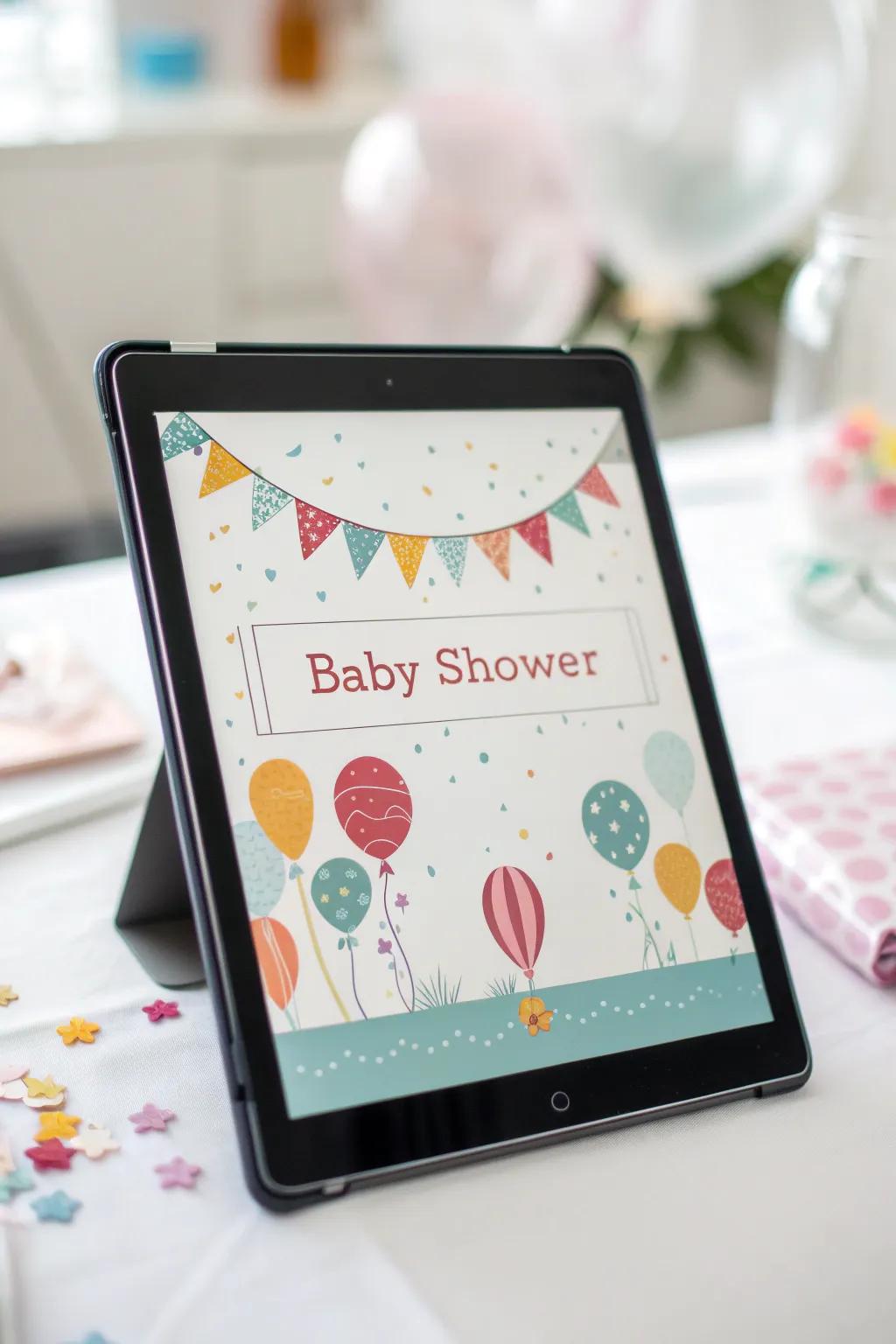 Themed digital greetings set the stage for a stylish baby shower.