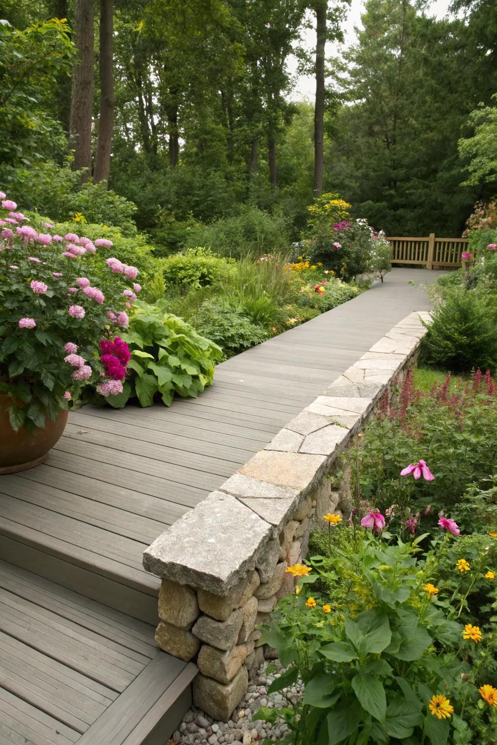 Ornamental rock borders enhance the natural beauty of this garden deck.