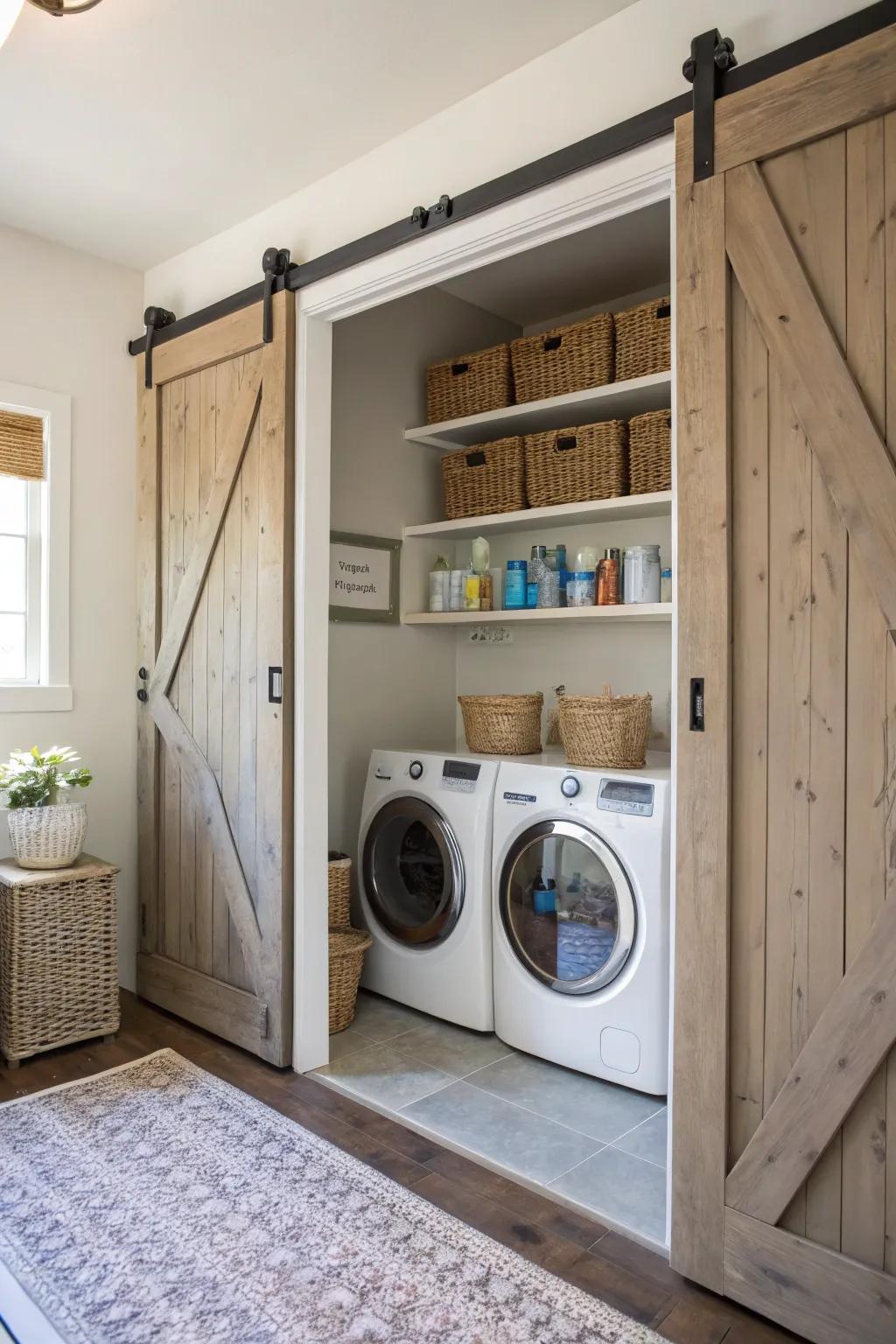Sliding barn doors introduce charm and functionality to your washing space.