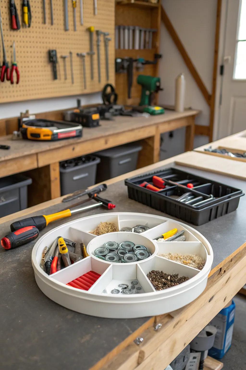 Keep your garage organized with a spin organizer for tools.