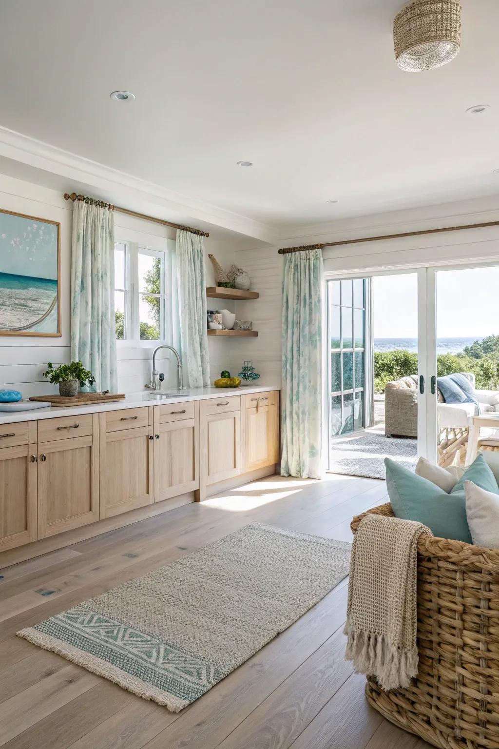 Coastal blonde laminate flooring enhances the open-plan layout of this kitchen.