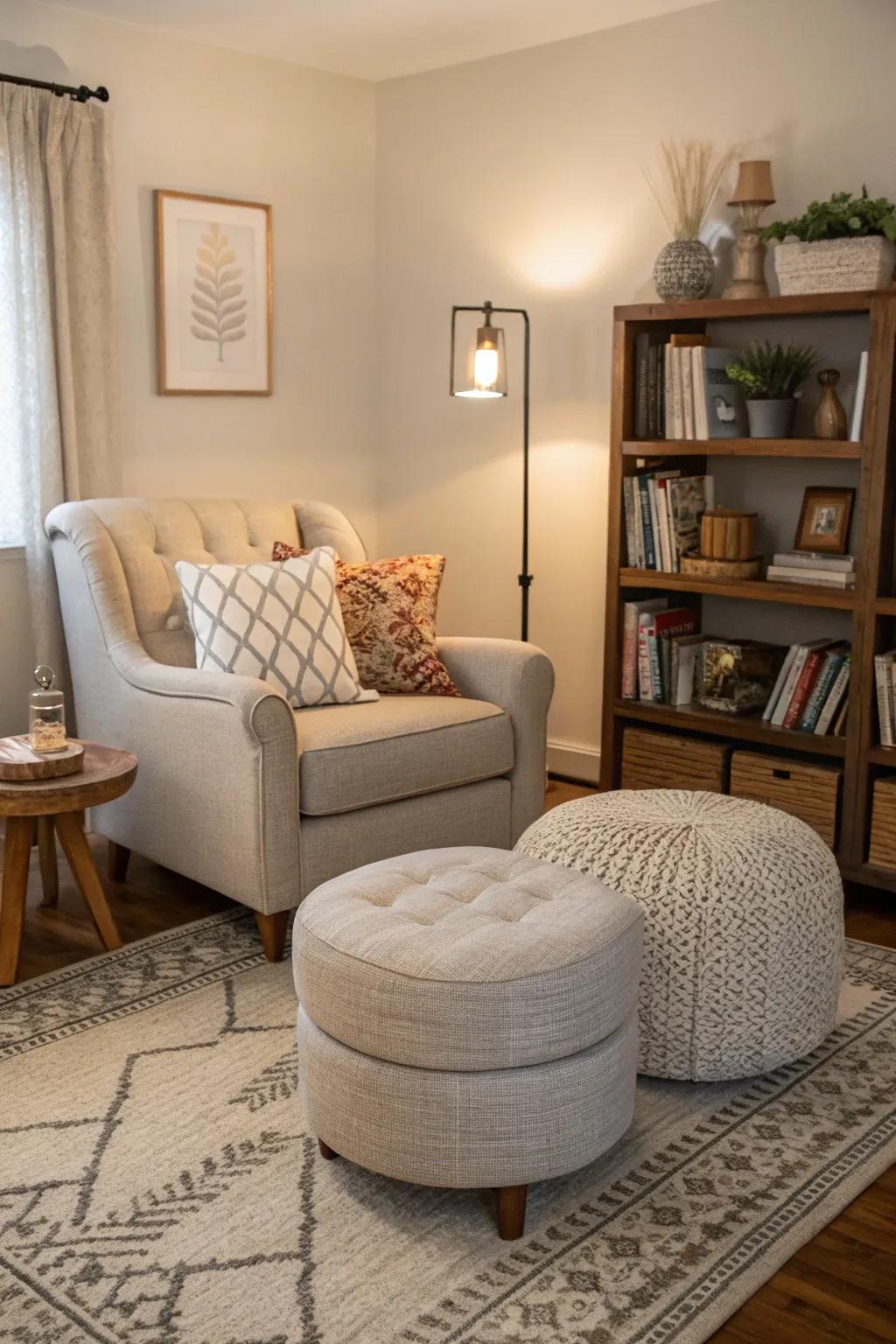 Inviting niches cultivate an engaging mood with a light grey couch.