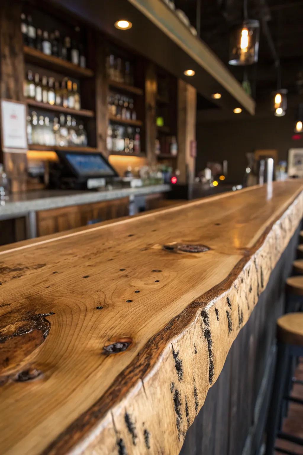 A natural-edge bar that celebrates the wood's story, showcasing its raw flaws.
