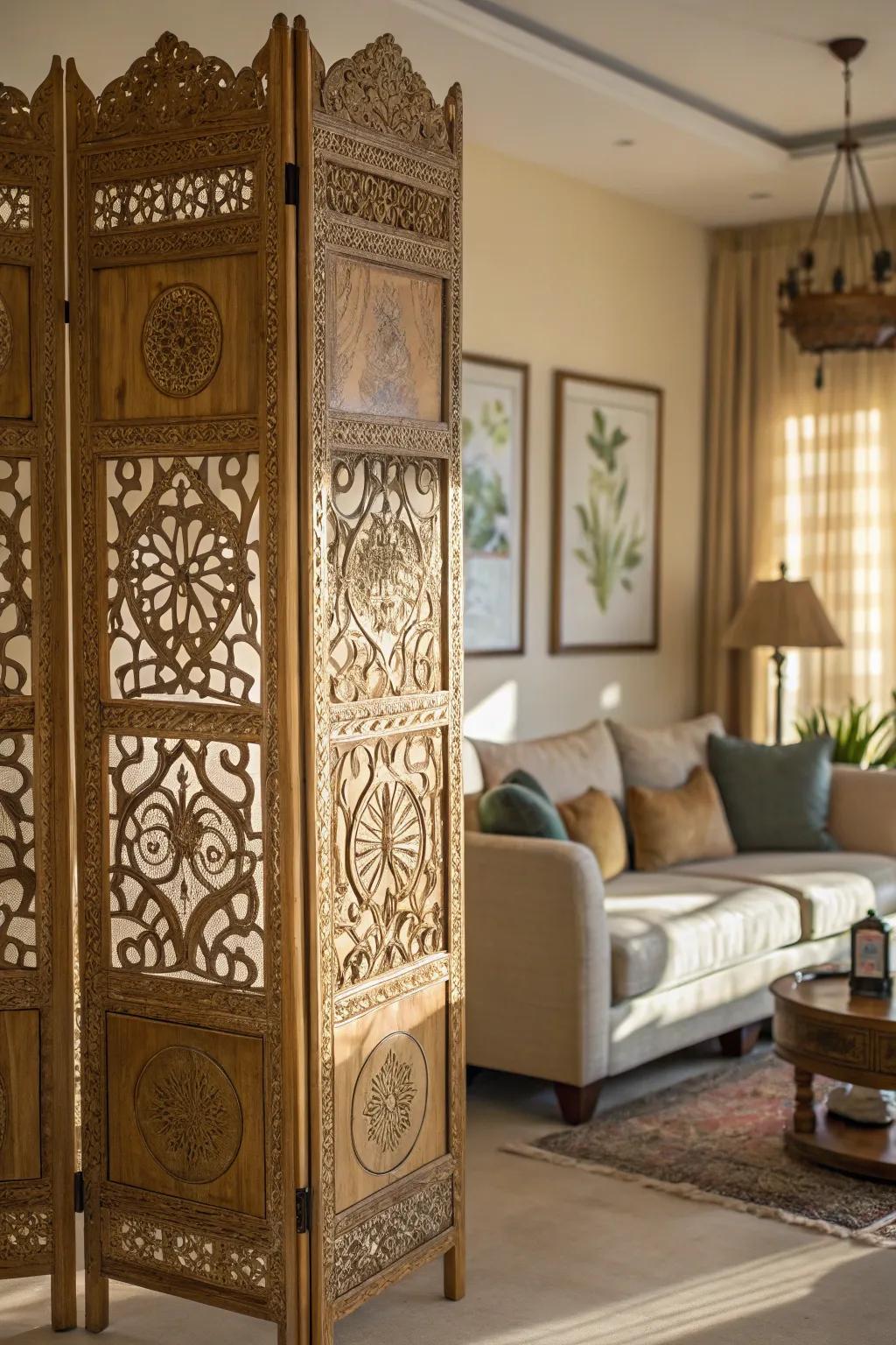 A decorative screen can add elegance and function to a corner.