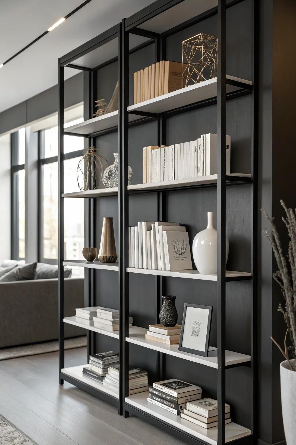A monochrome palette establishes a polished and contemporary bookshelf appearance.
