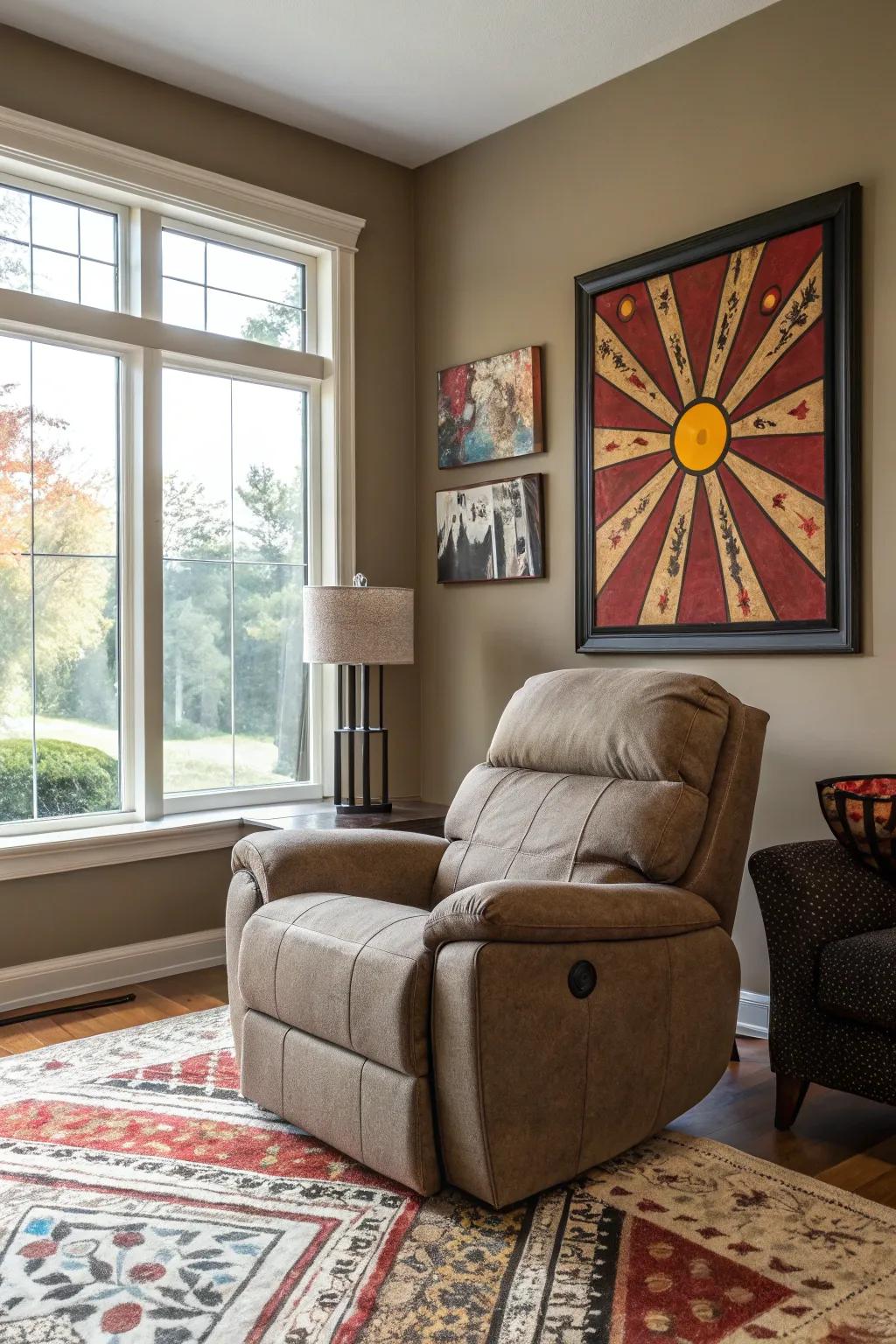 A chic living space with a statement art piece above the recliner.