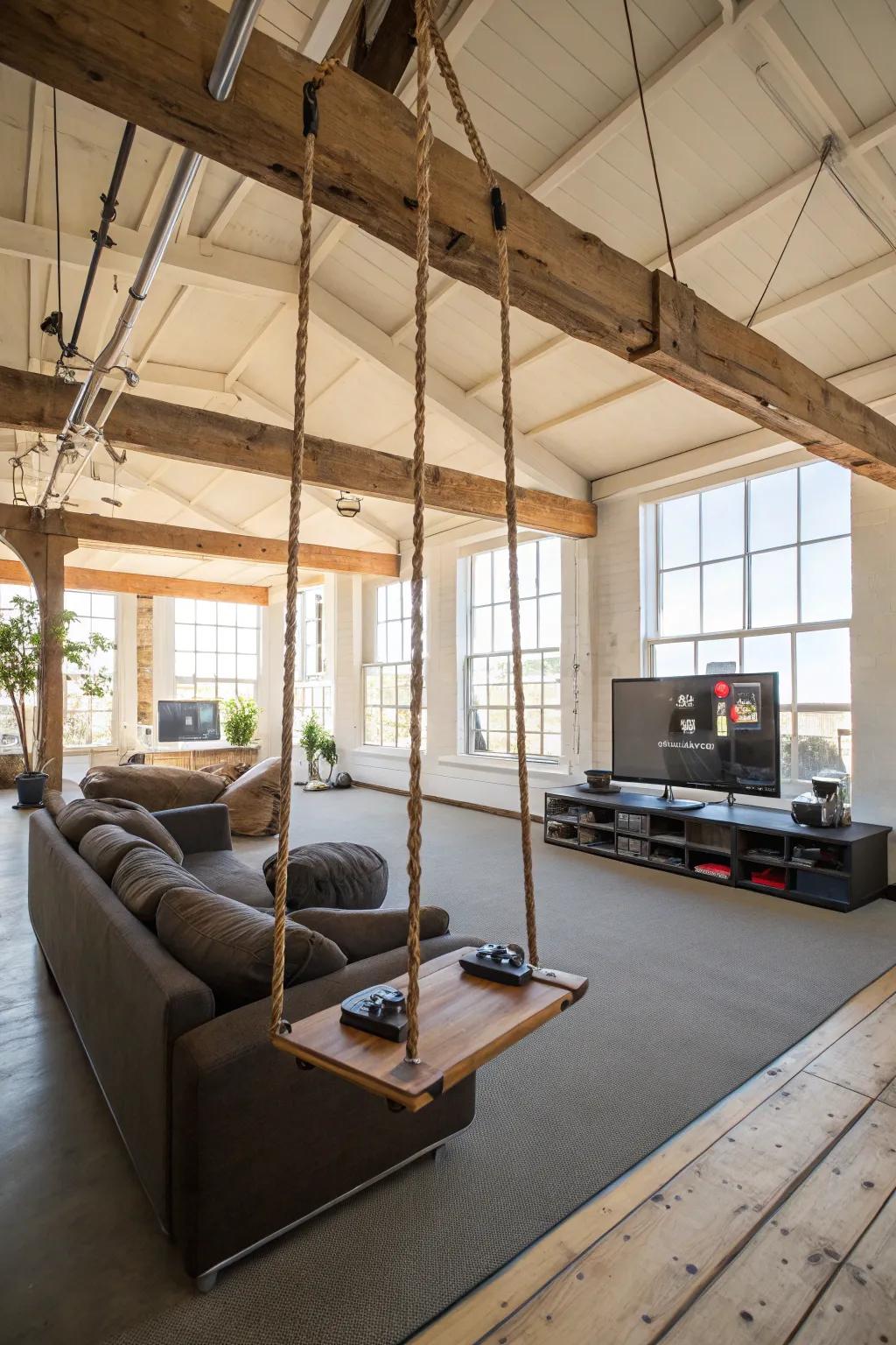 An interior swing delivers a playful and relaxing detail to the recreational room.