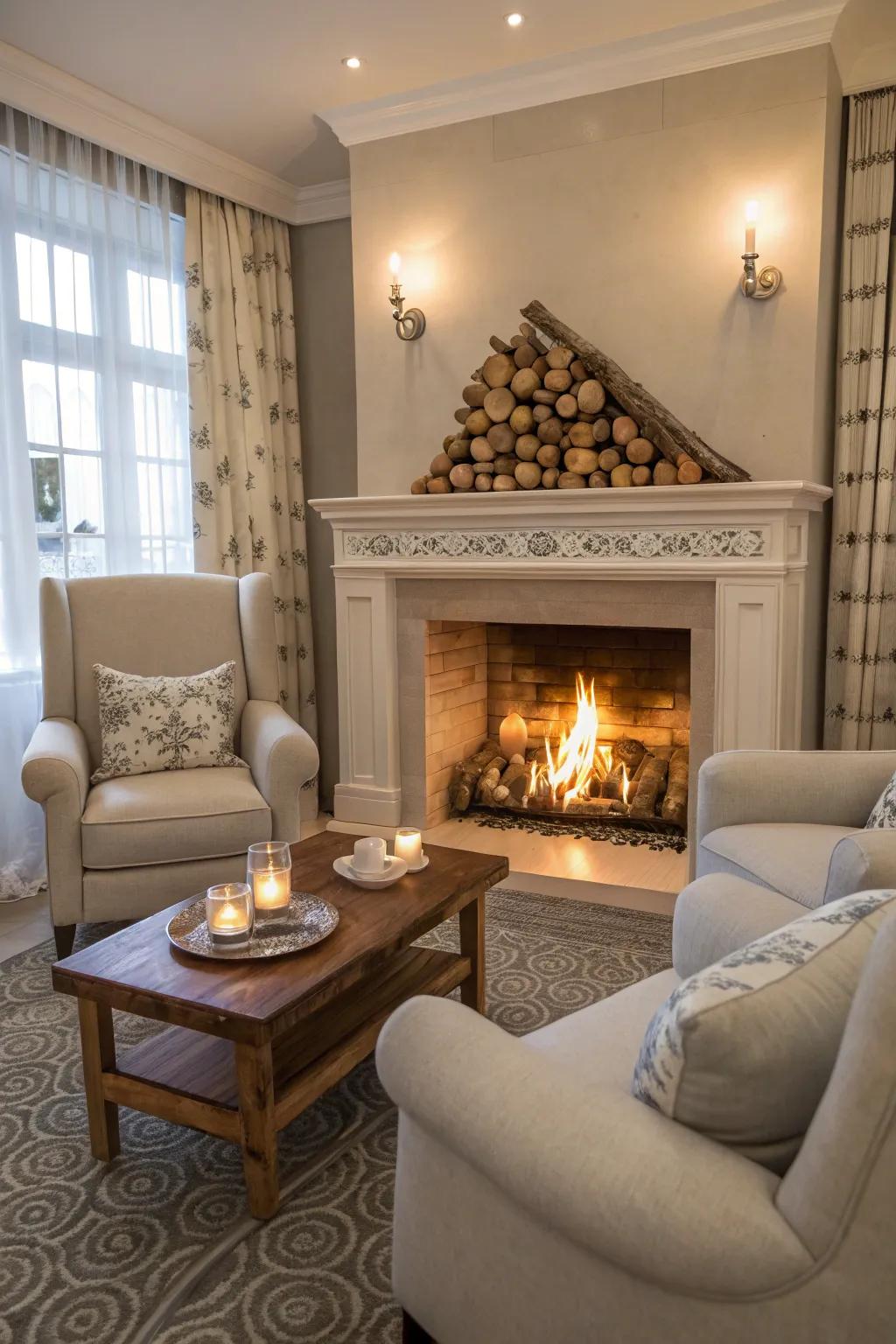 A fireplace lends warmth and acts as a cozy center point in the living room.