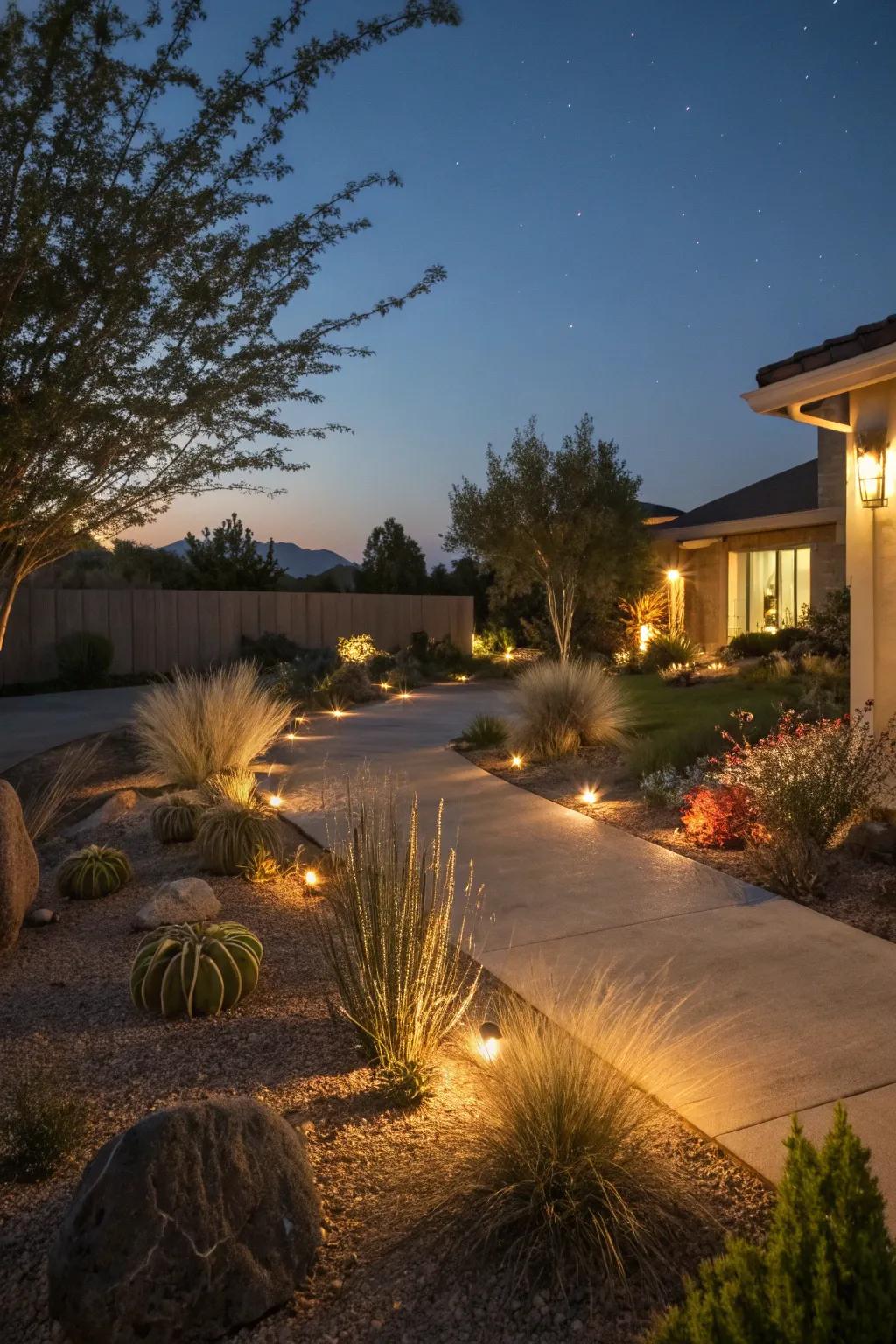 Atmospheric lighting enhances the beauty of a xeriscape garden by night.