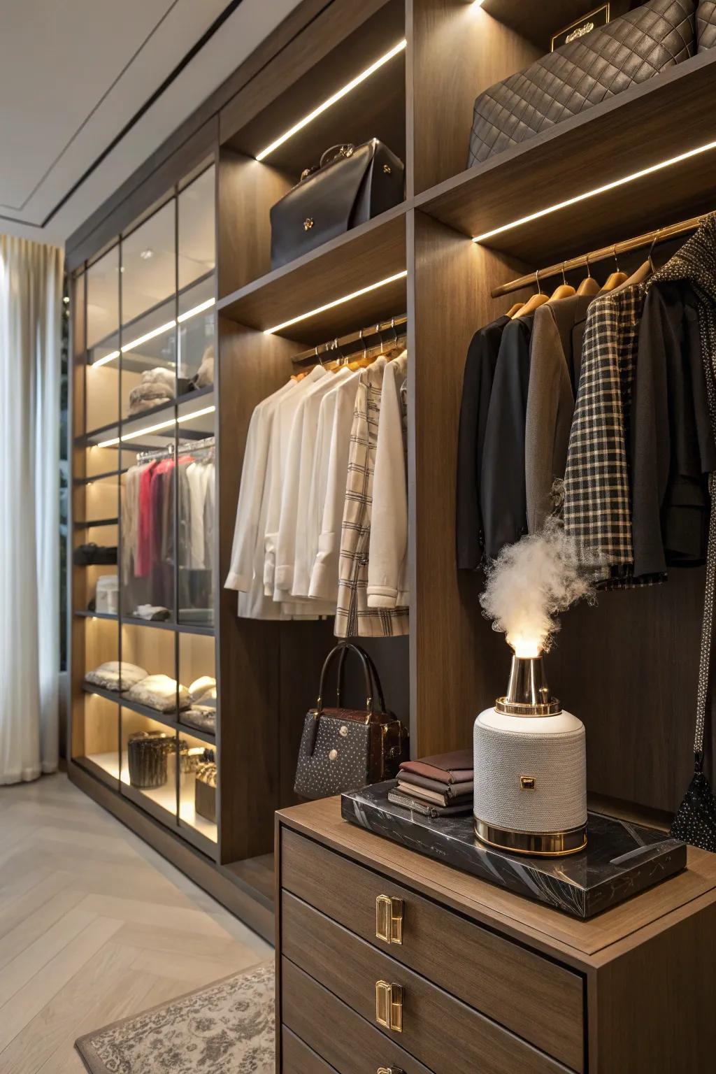 A diffuser contributing a signature olfactory experience to the deluxe closet.