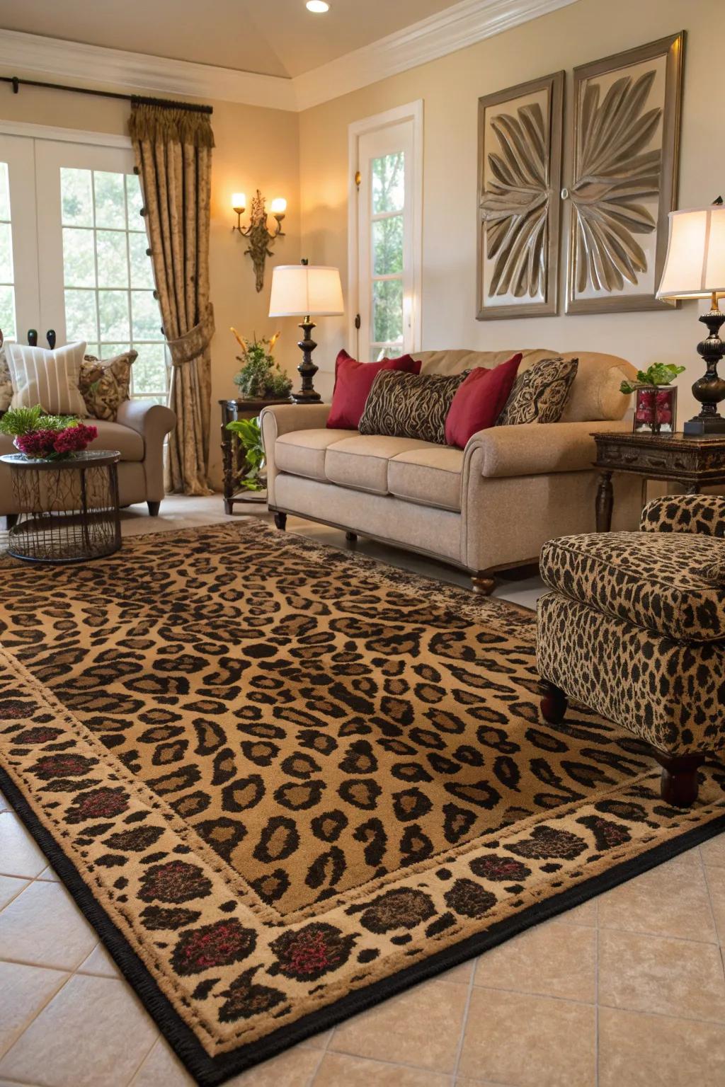 A wildlife pattern rug creates a daring statement in this chic lounge.