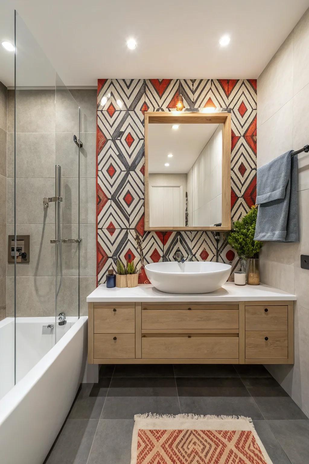A contemporary bathroom featuring a striking tile emphasized wall.