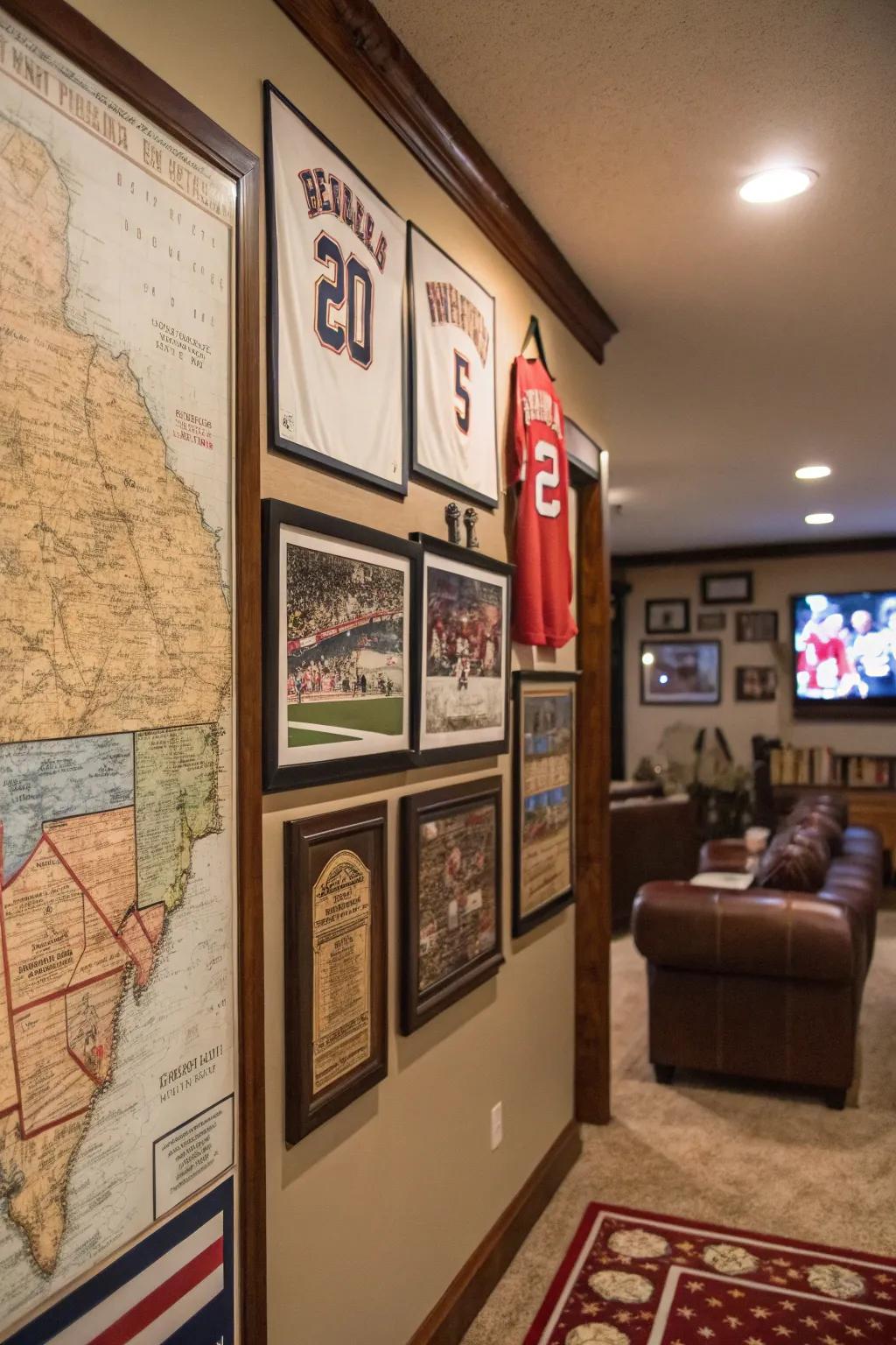 Themed wall art brings a personal touch to the man cave.
