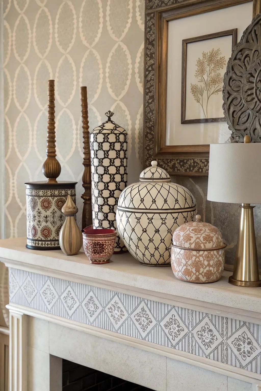 Playful patterns bring character to the mantel.