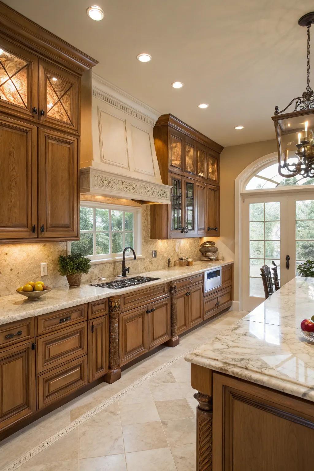 A luxurious kitchen featuring the elegant mix of birch units and rock slab.