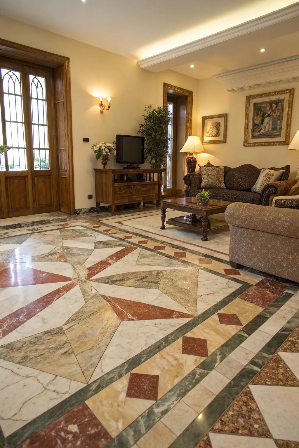 A varied integration of stone varieties for a dynamic floor.