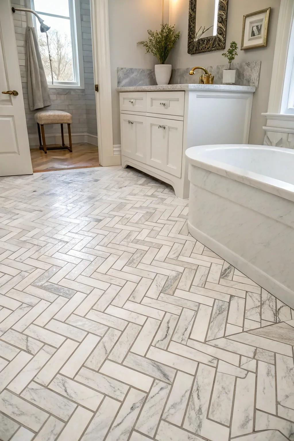 Herringbone artificial marble stone surfaces add rhythm and sophistication.