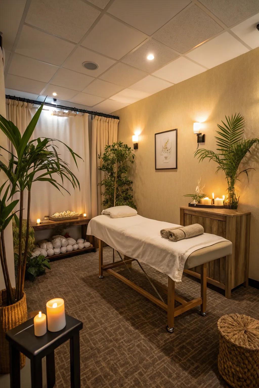 A well laid out massage space that balances space and coziness.