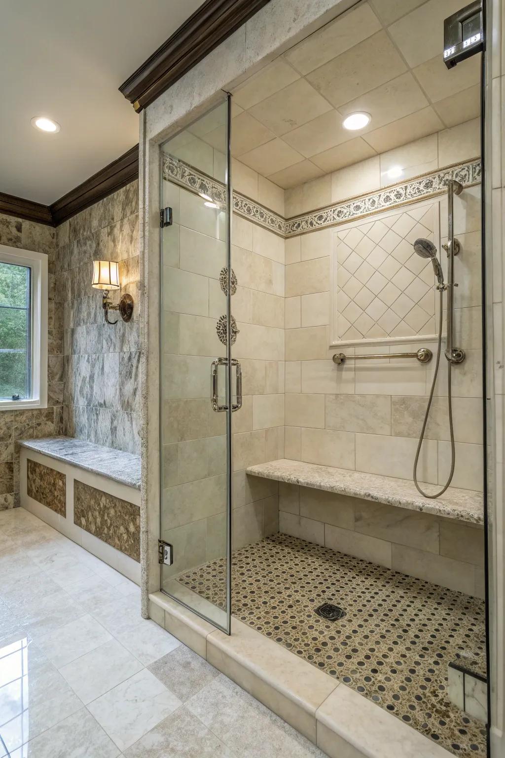 A walk-in shower equipped with a comfortable built-in bench.