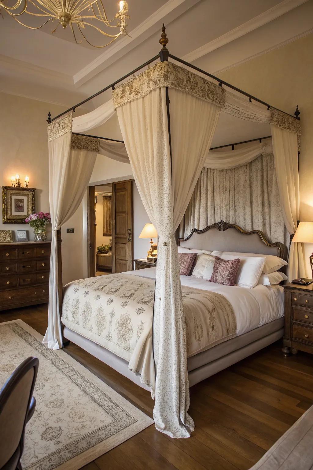 A boudoir centered around an elegant canopy bed.