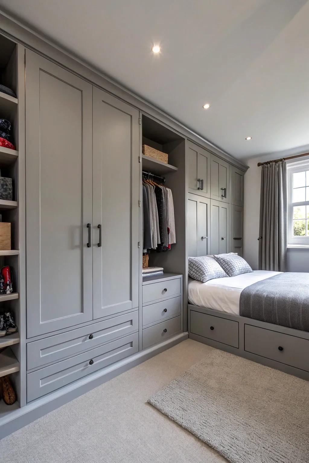 Smart storage solutions keep the grey bedroom clean and uncluttered.