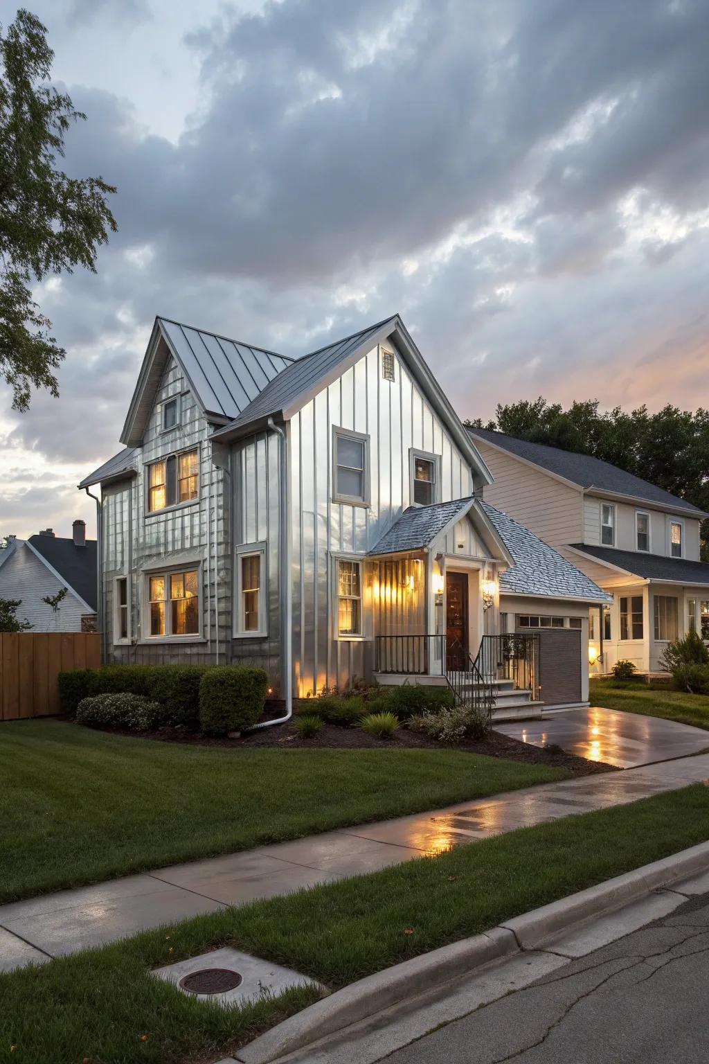 A glamorous neighborhood home featuring shimmering metallic metal cladding for a dazzling effect.