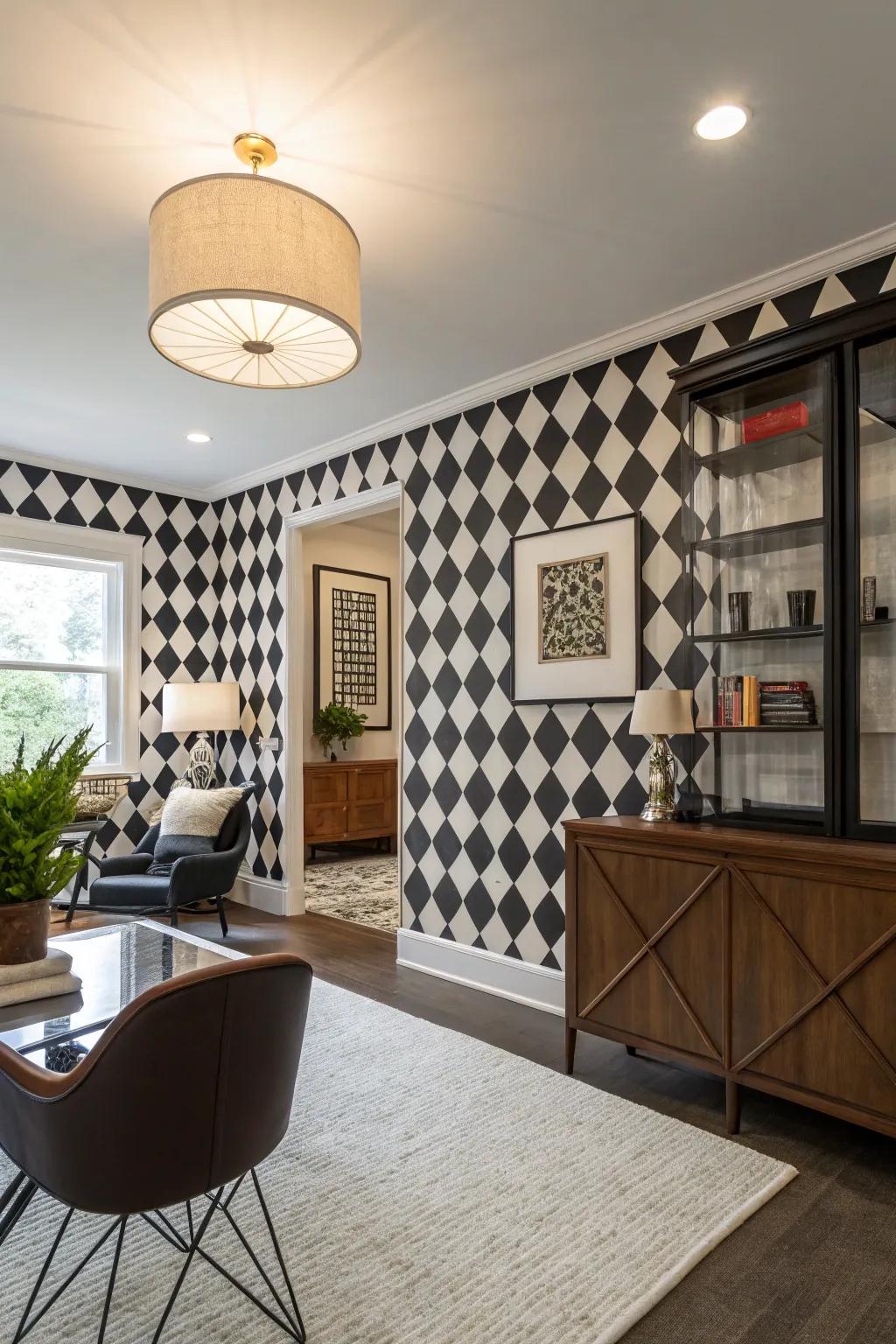 Contemporary space featuring checkerboard era wall covering.
