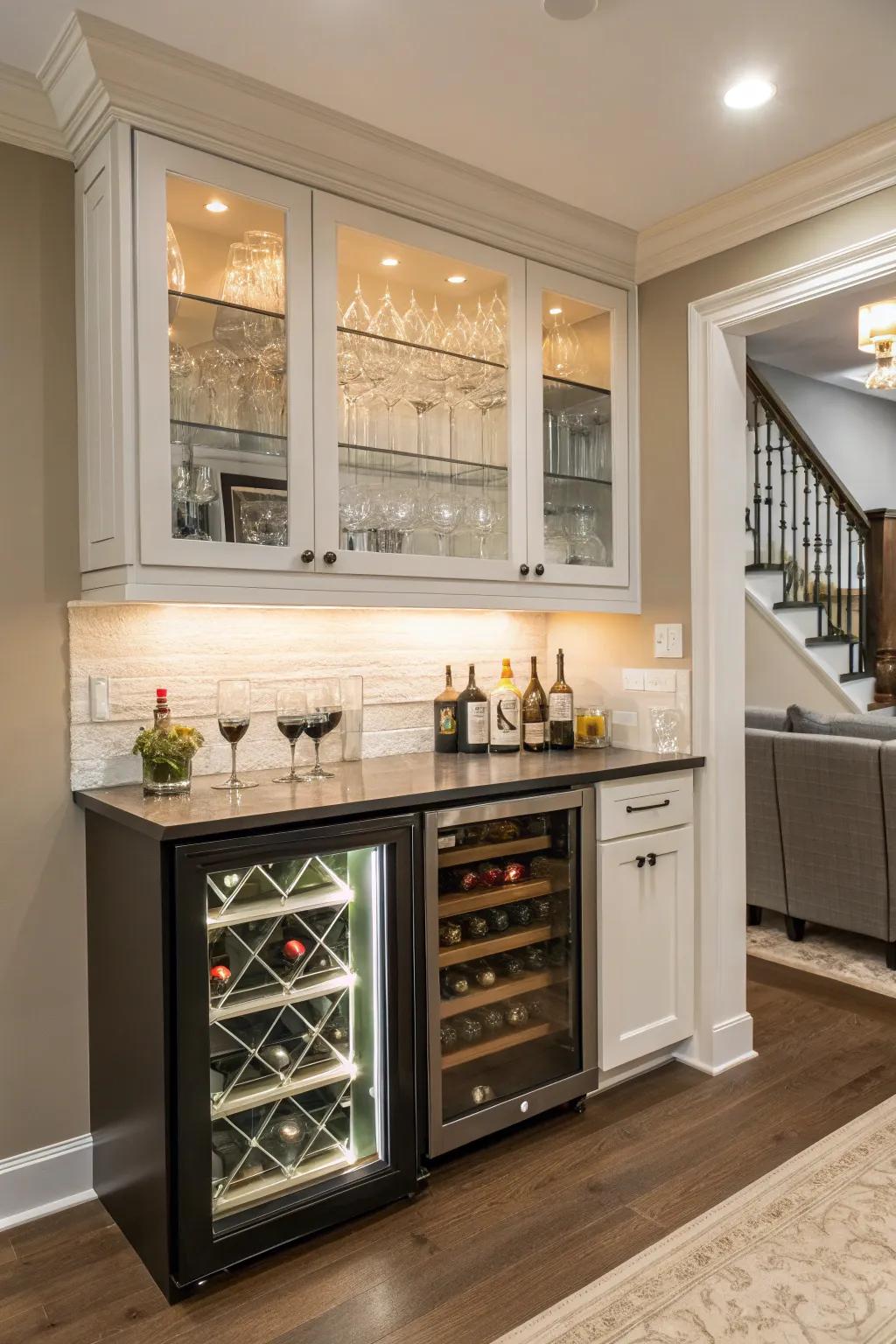 A compact refrigerator ensures drinks are ideally chilled and ready to serve.