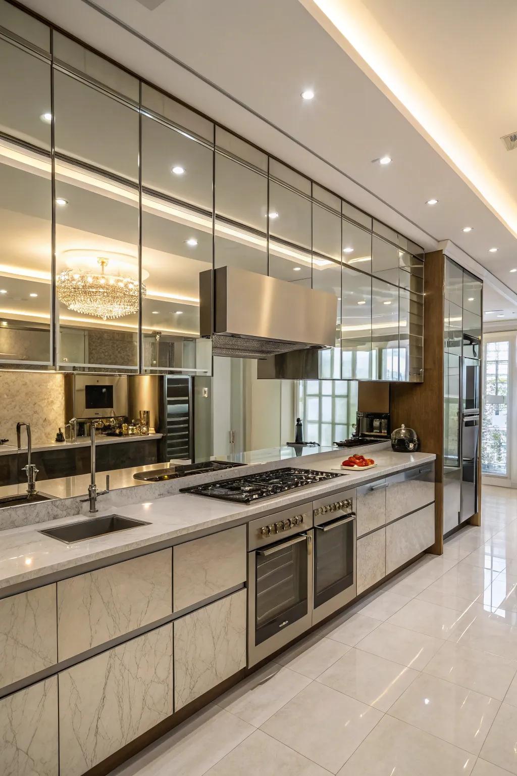 Reflective splashbacks introduce light and space to cooking areas.