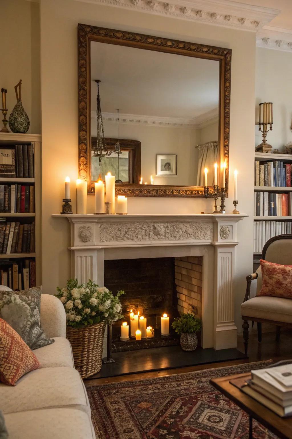 Mirrors above mantels enhance warmth and style.