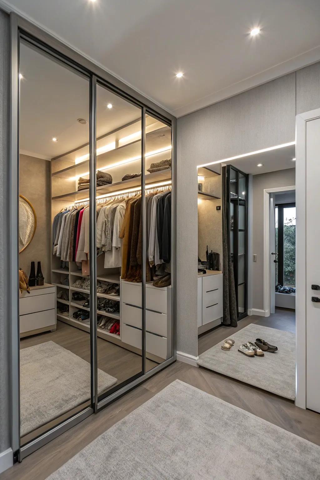 Employ reflective entries as partitions in open wardrobe concepts.