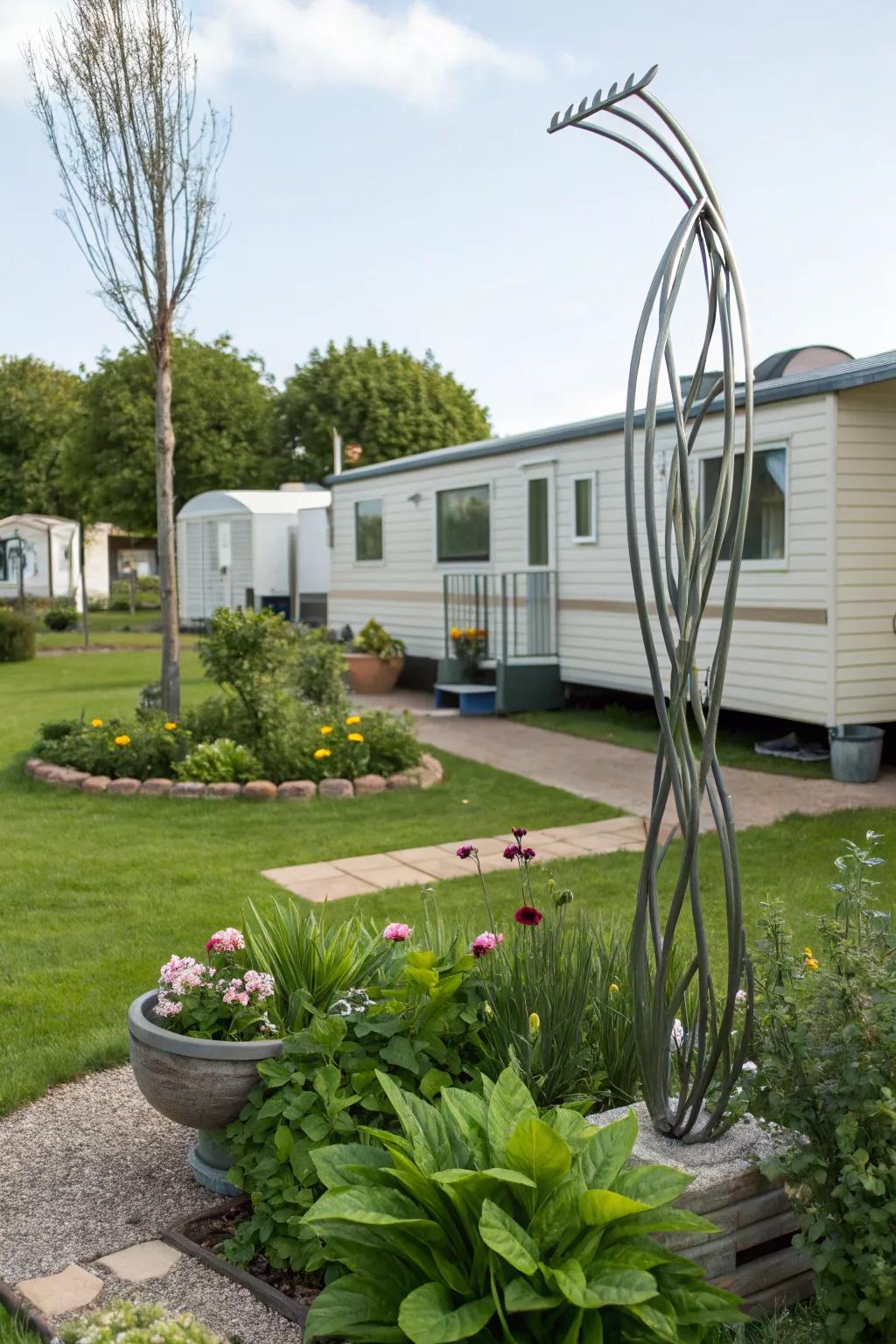 A modern metal form introducing character to a manufactured home garden.