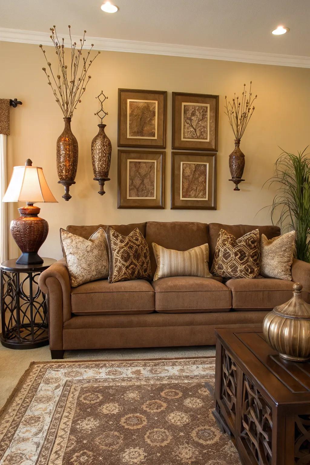 Symmetrical facets establish a balanced and harmonious space across the cocoa-colored sofa.