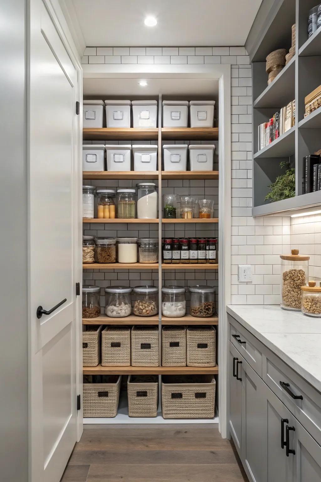 Utilize your alcove for a hidden pantry to keep your kitchen tidy.