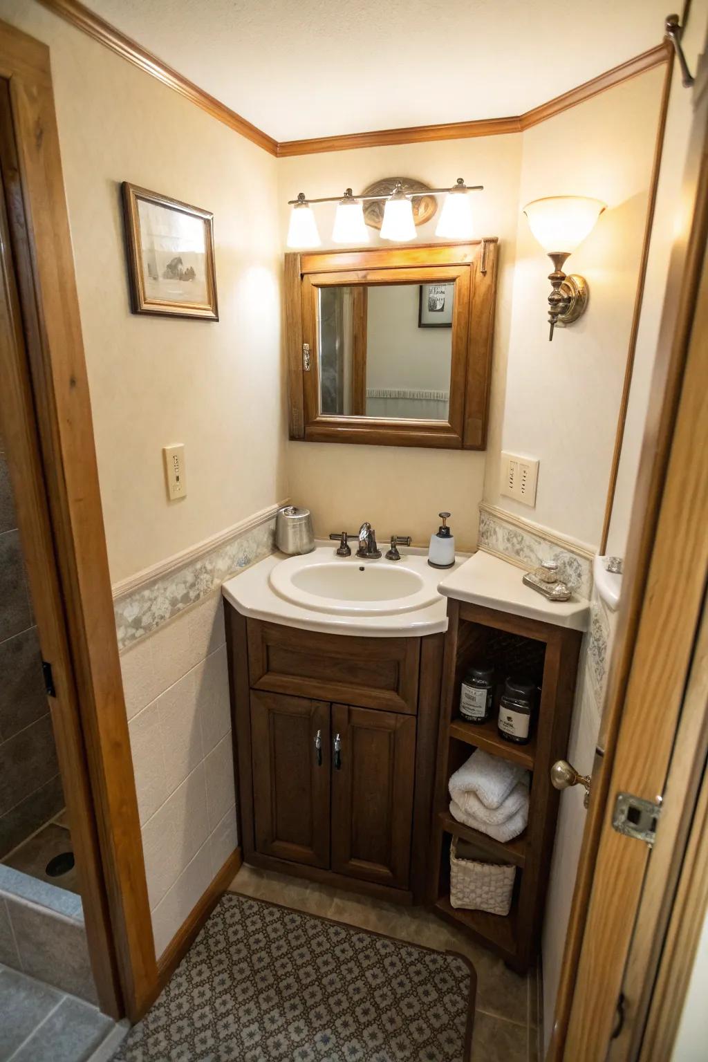 Corner washbasins maximize space efficiently.